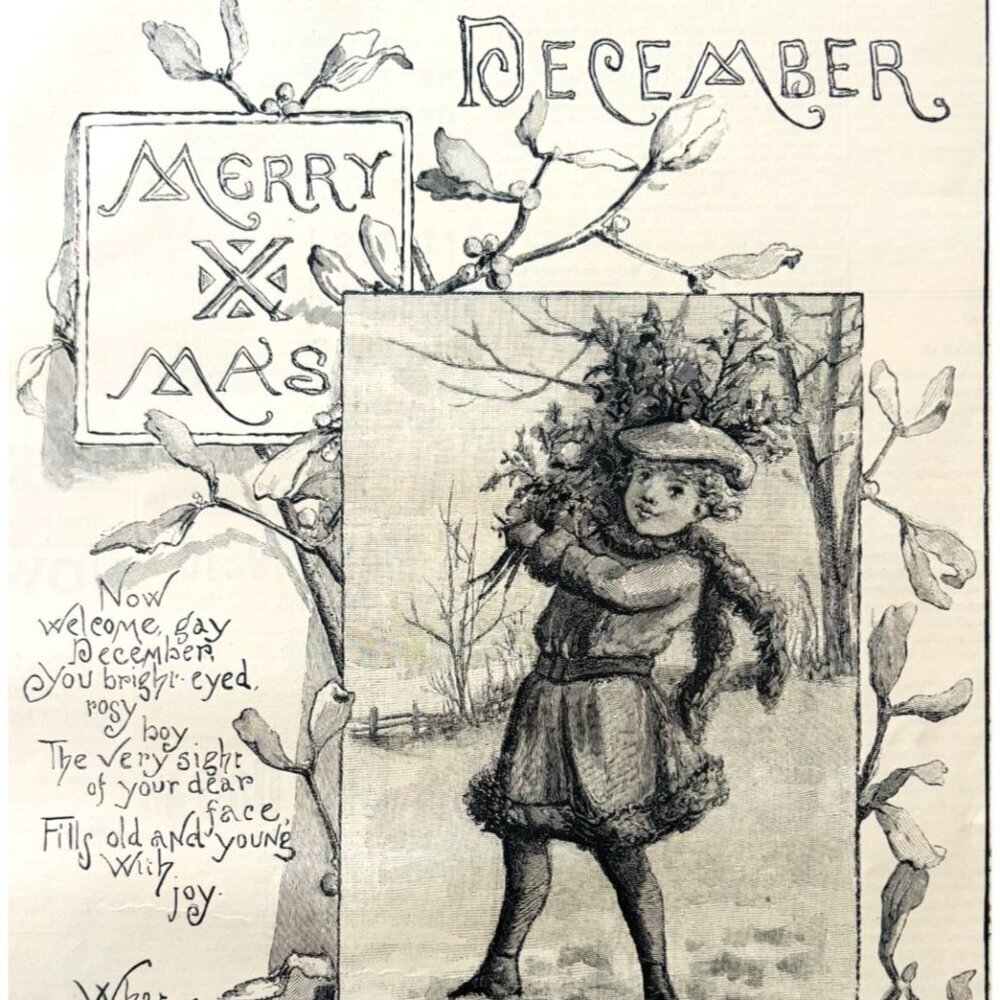 1886 December Poem Comins Wood Engraving Victorian Christmas Day DWKK27C